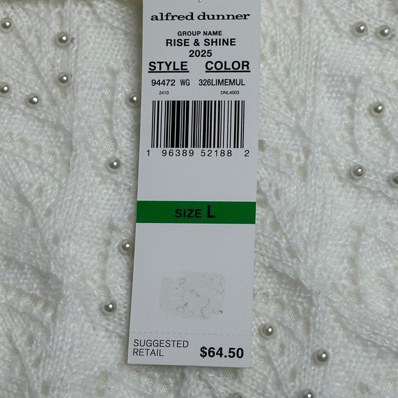 NWT Alfred Dunner Womens Ivory Pearl Embellished Tie Neck Knit Sweater Large L - Picture 8 of 11